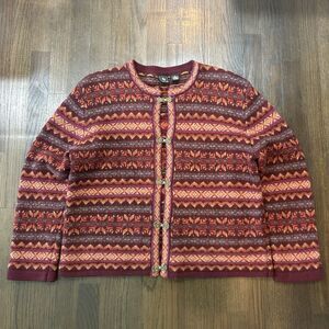 SKYR Womens XL Wool Knit Rainbow Fair Isle Clasp Cardigan Sweater